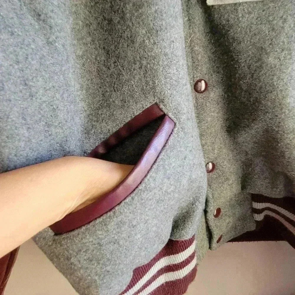 Vintage 1989 Meca Maroon And Grey Wool Men's Bomber Jacket Medium Burgundy/Gray - Picture 6 of 16